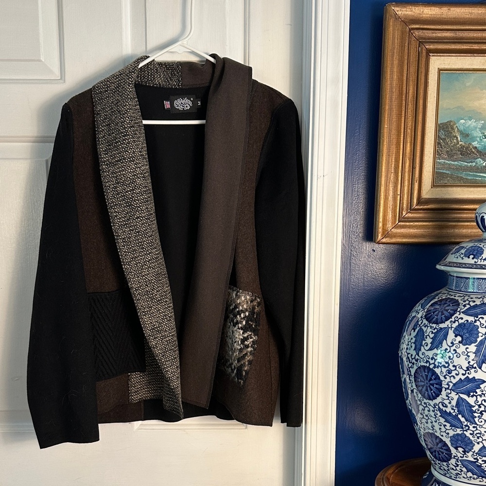 Women’s Cameleon Brown & Black Patchwork Wool Cardigan Jacket Size Medium
